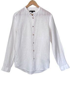 John Varvatos USA 100% Linen Band Collar Long Sleeve White Shirt Men Medium SP15